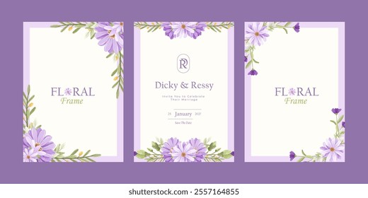 Set of Beautiful Wreath Floral Wedding Invitation Card Frame with Flowers. Purple Flowers Frame Background Vector Collection. Flowers Arrangement Elegant Frames. Border Frame for Wedding Element