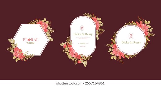 Set of Beautiful Wreath Floral Wedding Logo Invitation Frame with Flowers. Abstract Flowers Frame Background Vector Collection. Flowers Arrangement Geometrical Frames. Border Frame for Wedding Element