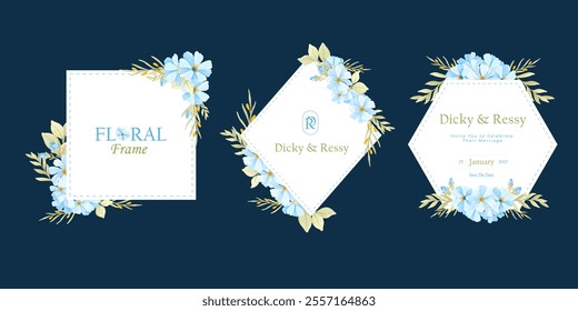 Set of Beautiful Wreath Floral Wedding Logo Invitation Frame with Flowers. Blue Flowers Frame Background Vector Collection. Flowers Arrangement Geometrical Frames. Border Frame for Wedding Element