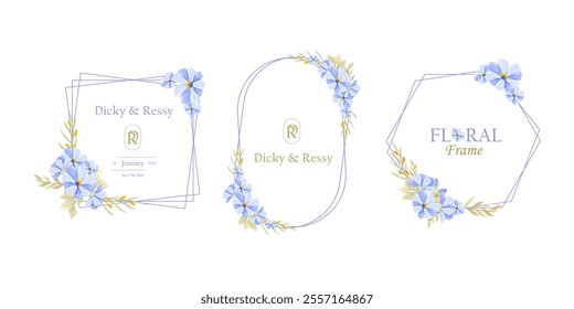 Set of Beautiful Wreath Floral Wedding Logo Invitation Frame with Flowers. Abstract Flowers Frame Background Vector Collection. Flowers Arrangement Geometrical Frames. Border Frame for Wedding Element