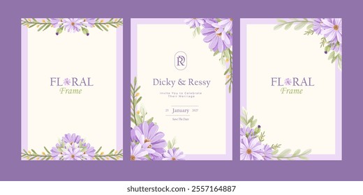 Set of Beautiful Wreath Floral Wedding Invitation Card Frame with Flowers. Purple Flowers Frame Background Vector Collection. Flowers Arrangement Elegant Frames. Border Frame for Wedding Element