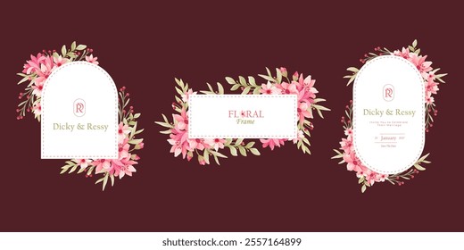 Set of Beautiful Wreath Floral Wedding Logo Invitation Frame with Flowers. Pink Flowers Frame Background Vector Collection. Flowers Arrangement Geometrical Frames. Border Frame for Wedding Element