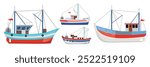 Set of beautiful yachts and fishing boats in cartoon style. Vector illustration of different types of sea fishing vessels with fishing nets, lifeguards in circles, flags isolated on white background.