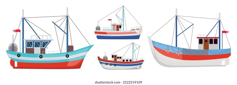 Conjunto de belos iates e barcos de pesca em estilo cartoon. Ilustração vetorial de diferentes tipos de navios de pesca marítima com redes de pesca, salva-vidas em círculos, bandeiras isoladas sobre fundo branco.