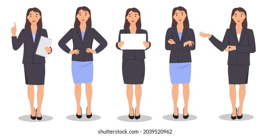 A set of beautiful young brunette girls in strict suits standing in full height. A professional, a teacher, a student in different poses, with a laptop, a poster, and crossed arms. Vector graphics.