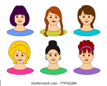 Set of beautiful young female faces for avatar on white background.  Collection of different women faces on isolated background.