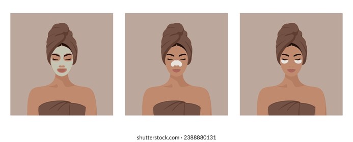 Set of beautiful young girl with a towel on her head taking care of her facial skin. Basic skin care for women. Facial cleansing, nose strip, eye patches, black blackhead mask. Vector illustration EPS