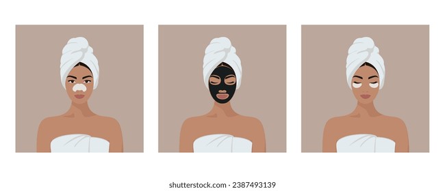 Set of beautiful young girl with a white towel on her head taking care of her facial skin. Basic skin care for women. Facial cleansing, nose strip, eye patches, black blackhead mask. Vector EPS10