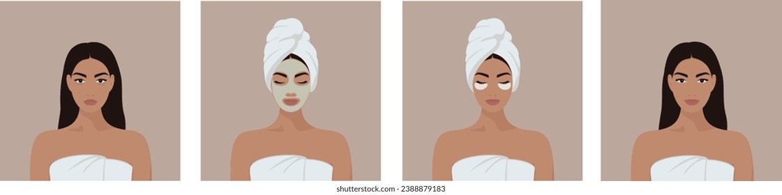 Set of beautiful young girl with a white towel on her head taking care of her facial skin. Basic skin care for women. Facial cleansing, eye patches, blackhead mask. Tired Woman.Vector illustration EPS