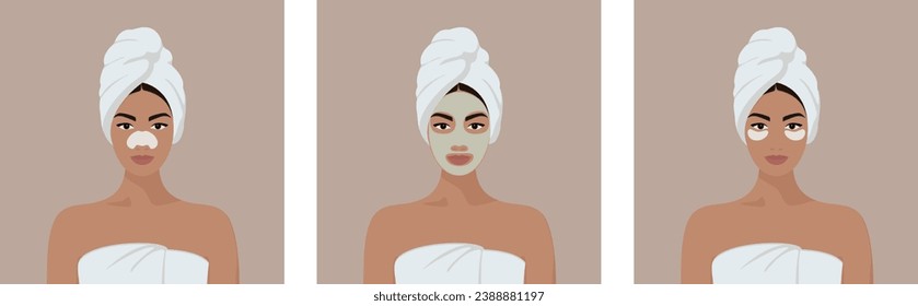 Set of beautiful young girl with a white towel on her head taking care of her facial skin. Basic skin care for women. Facial cleansing, nose strip, eye patches, Clay blackhead mask.  
Vector EPS10