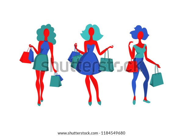 Set Beautiful Young Girls Shopping Bags Stock Vector Royalty Free