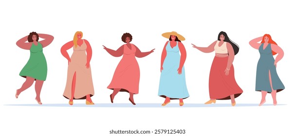 Set of beautiful young plus size women in summer dresses. Happy girls, satisfied with their bodies. Vector fly graphics.