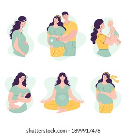 Set of Beautiful young pregnant women with man and baby. The concept of happy motherhood, family, love. Vector illustration in flat style on white background.