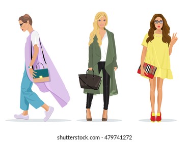 Set of beautiful young stylish women in fashion clothes with accessories. Detailed female characters. Fashion illustration.