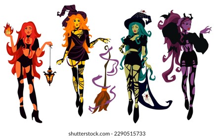 Un conjunto de bellas brujas jóvenes, brujas de colores. bruja verde, amarilla, púrpura y roja. Concepto de disfraces de Halloween. Ilustración vectorial moderna, dibujada a mano. Plantillas de pegatinas de afiches para las vacaciones