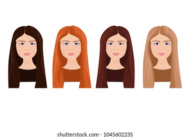 Set Of Beautiful Young Woman Faces With Long Hair In Different Colors Isolated On White Background Vector Illustration