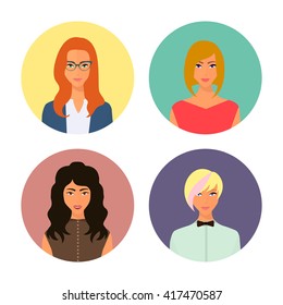 Set of beautiful young woman faces avatars in different clothes and hair styles.Vector illustration.