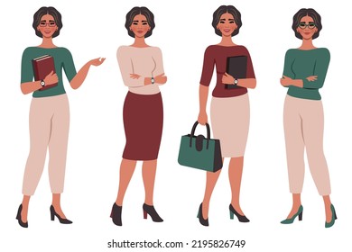 Set of сonfident beautiful young women in different poses. School or college teacher, office worker, businesswoman. Female flat character. Тeacher's day. Education concept. Vector illustration