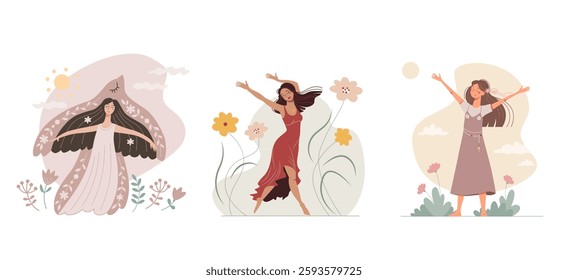 Set of beautiful young women enjoy summer and nature. Nice girls among flowers collection. Vector illustrations in a flat style. Female delight and inspiration. Lightness and femininity of dance.