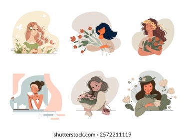 Set of beautiful young women with a flowers. Collection of vector portraits and avatars for social network. Cute cartoon girls enjoy life.