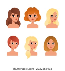 Set of beautiful young women heads. Girls avatar profile, mobile gaming hero portraits, people creation constructor elements cartoon vector illustration