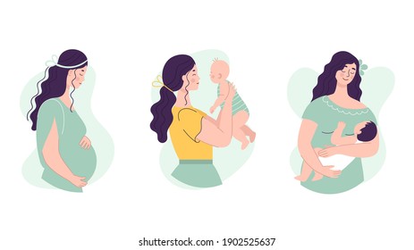 Set of Beautiful young women holding a baby and pregnant woman. The concept of happy motherhood, family, love. Vector illustration in flat style on white background.