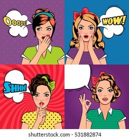 Set of beautiful young women in pop art style with speech bubbles. Vector illustration.