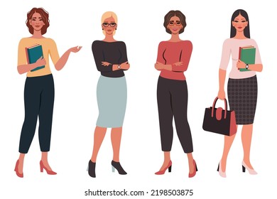 Set of сonfident beautiful young women. School or college teacher, office worker, successful businesswoman. Female flat character. Education, study, business concept. Vector cartoon illustration 