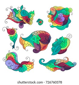 Set of beautiful zentangle style adult coloring book ornamental elements on white background.