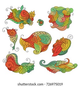 Set of beautiful zentangle style adult coloring book ornamental red, green and yellow elements on white background.