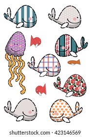 a set of beautifull childish whales, jellyfish and fishes