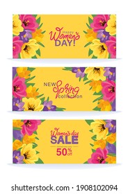 Juego de hermosas pancartas promocionales para el día de la mujer, venta, nueva colección con cruces y tulipanes florecientes. Ilustración vectorial, fondo floral de resorte, fláter, invitación