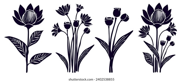 Set of beautifull silhouette flower in linocut style.