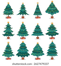 Set of beautifully adorned Christmas trees, each with unique decorations, lights, stars, and presents, offering a festive atmosphere can be used for printed materials-posters, leaflets, greeting cards