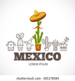 Set beautifully arranged cacti. inscription Mexico