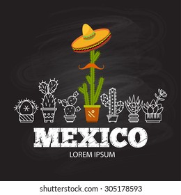 Set beautifully arranged cacti. inscription Mexico