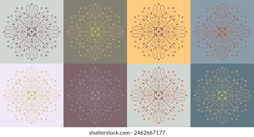 A set of beautifully crafted mandala patterns displayed in a variety of pastel backgrounds, perfect for decorative and design purposes.