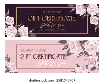 set of beautifully designed gift certificate decorated with elegant roses. The chic combination of pink, black and gold adds a touch of luxury to the look and makes it perfect for special occasions.