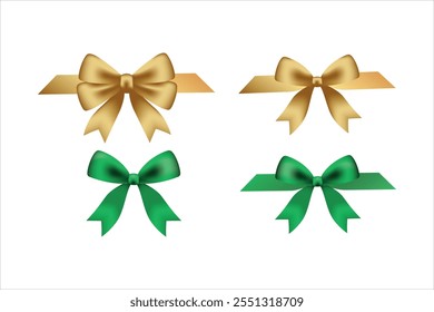 A set of beautifully designed green and gold ribbon bows, ideal for gift wrapping, holiday decorations, party favors, and crafting projects. 