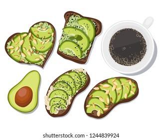 Set of beautifully plated toasts with avocado on black bread, with half an avocado and cup of coffee, healthy breakfast, natural vegan food. Hand drawing and flat. Illustration for print, menu design
