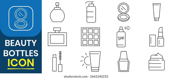 Conjunto de Vector de icono de botella de belleza. Iconos de la colección del cuidado de la piel de la cosmética, de la belleza, del maquillaje, de la loción, del protector solar, del perfume y más. Ilustración vectorial.