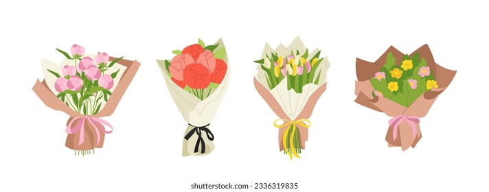 Set of beauty bouquets. Romantic gift, present and surprise. Various flowers in wrapping paper. Wedding anniversary and Valentines Day. Cartoon flat vector collection isolated on white background