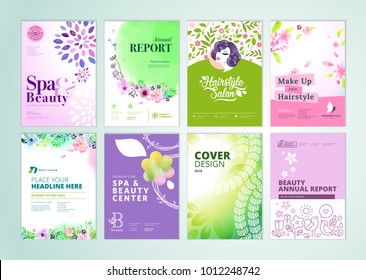Set of beauty brochure, annual report, flyer design templates in A4 size. Vector illustrations for beauty, spa and wellness presentation, document cover and layout template designs. Set of beauty brochure, annual report, flyer design templates in A4 size. Vector illustrations for beauty, spa and wellness presentation, document cover and layout template designs.