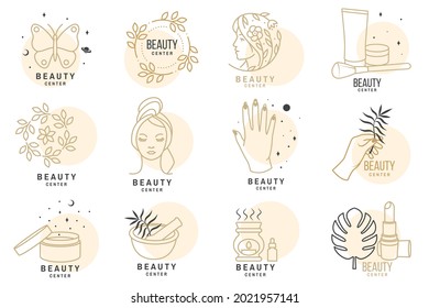 Set of Beauty center emblem with woman face, ceramic candle aroma oil lamp, mortar and pestle, lipstick. Beauty center label, badge, sign for cosmetics, jewellery, beauty. Linear trendy style. Vector