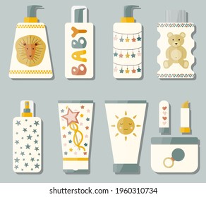 Conjunto de botellas cosméticas de belleza con diseño de bebé. Ilustración vectorial de productos de cuidado de la piel extraídos a mano