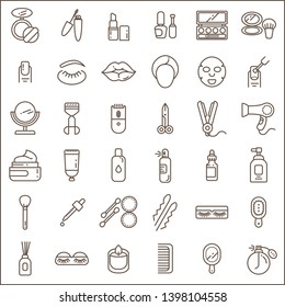 Set of beauty and cosmetic Icons line style. 
Contains such Icons as make up, perfume, hand mirror, comb, candle, eye patch, flavored oil, hairbrush and more
customize color, easy resize.