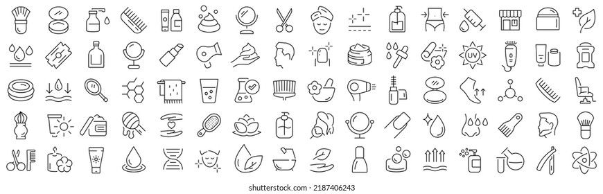 Set of beauty and cosmetic line icons. Collection of black linear icons