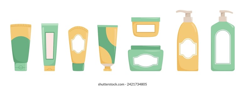 Set of beauty cosmetic products. Face cream, body cream and tubes. Skincare routine. Isolated vector illustration