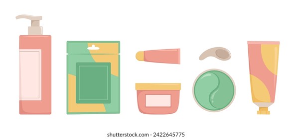 Conjunto de productos cosméticos de belleza. Crema facial, crema corporal, máscara de hoja. Rutina de cuidado de la piel. Ilustración vectorial aislada