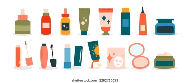 Set of beauty cosmetic products and skin care. Bundle of flat design cosmetics and makeup items in bottles, tubes and jars. Skin care illustration design.